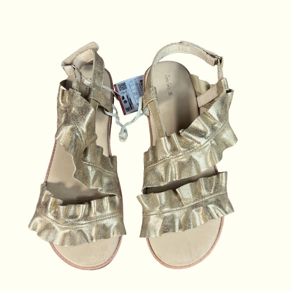 Zara Girls Foiled Gold Ruffle Open Toe Sandals